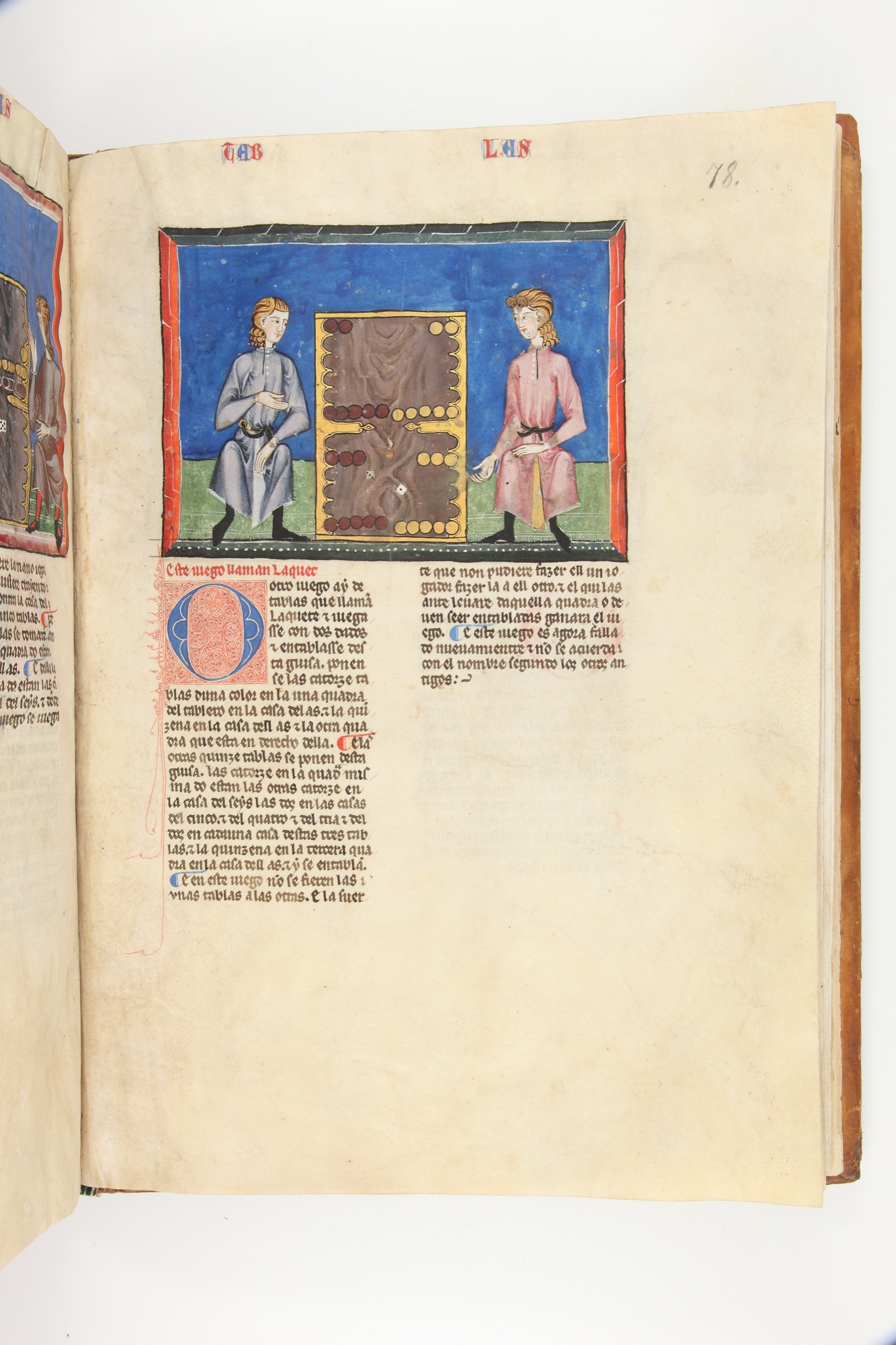 Illuminated manuscript page of two players at a tables board, Libro de los juegos