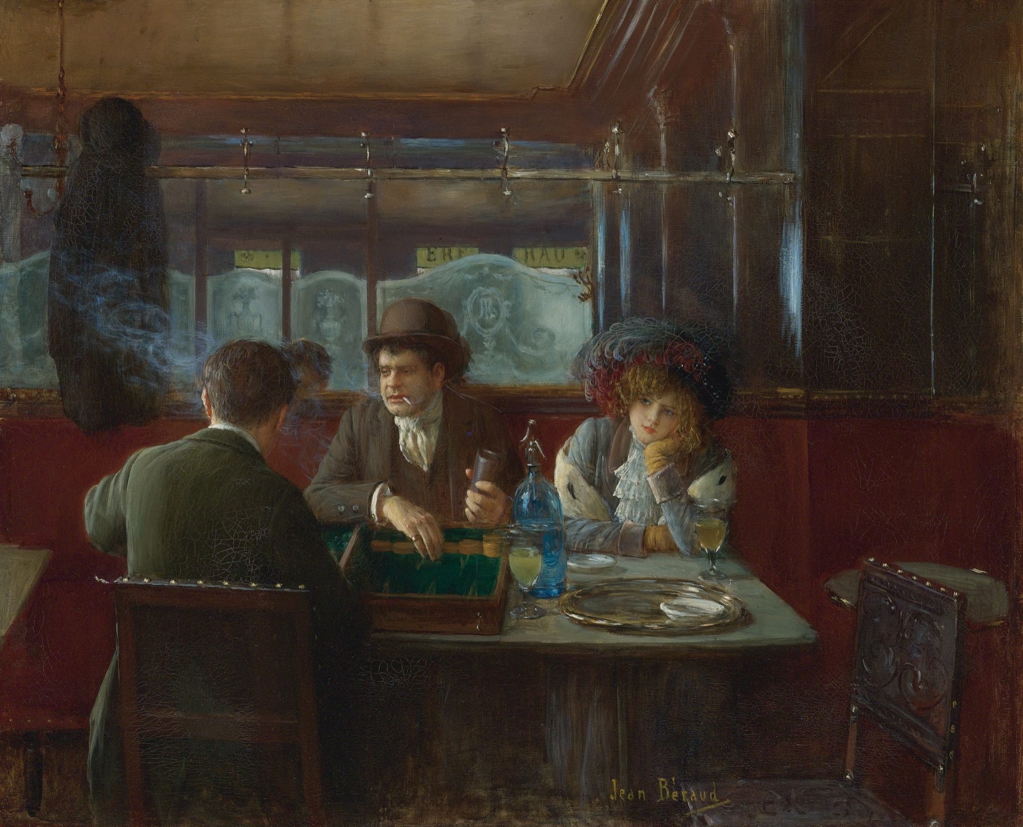 Belle Époque painting of elegant Parisians playing backgammon at a café table