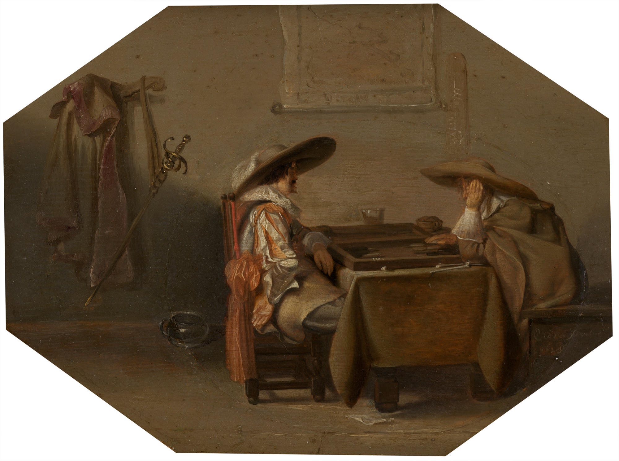 Dutch Golden Age painting of two gentlemen at a tric-trac board
