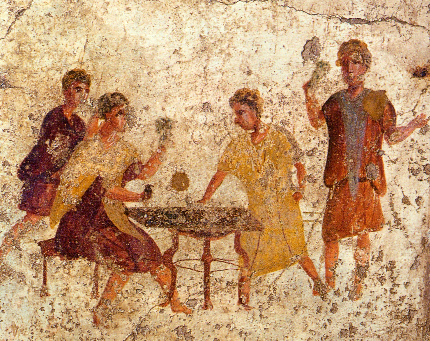 Roman fresco of dice players seated at a gaming table, Pompeii